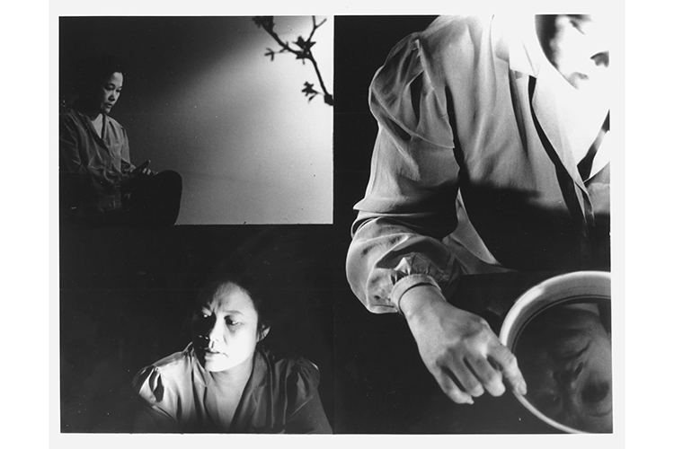 black and white tryptic of a woman with a bowl