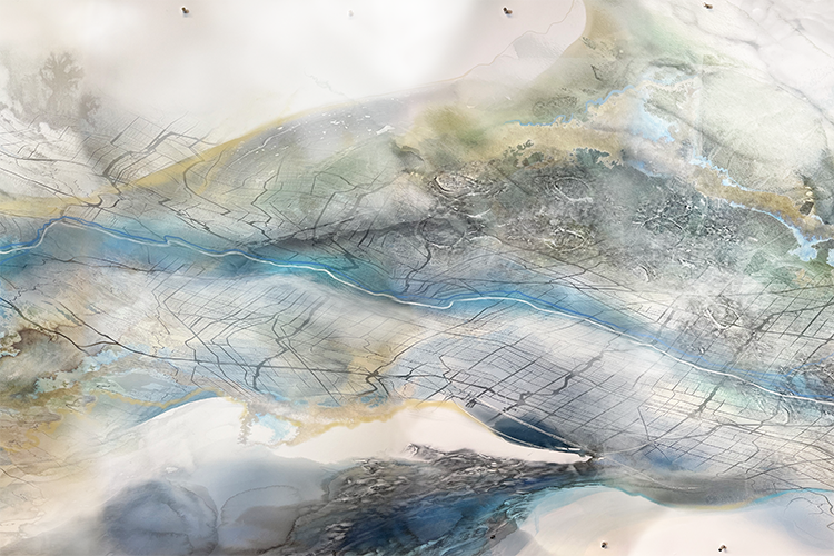 A painting by MFA student Juniper Harrower is of water imagery that was created using materials including Los Angeles river water and California gold dust.