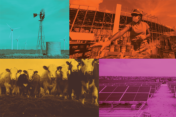 four photos — one of a windmill, one of cows in a field, one of a person organizing cans of food and one of solar panels with colorful overlays on each
