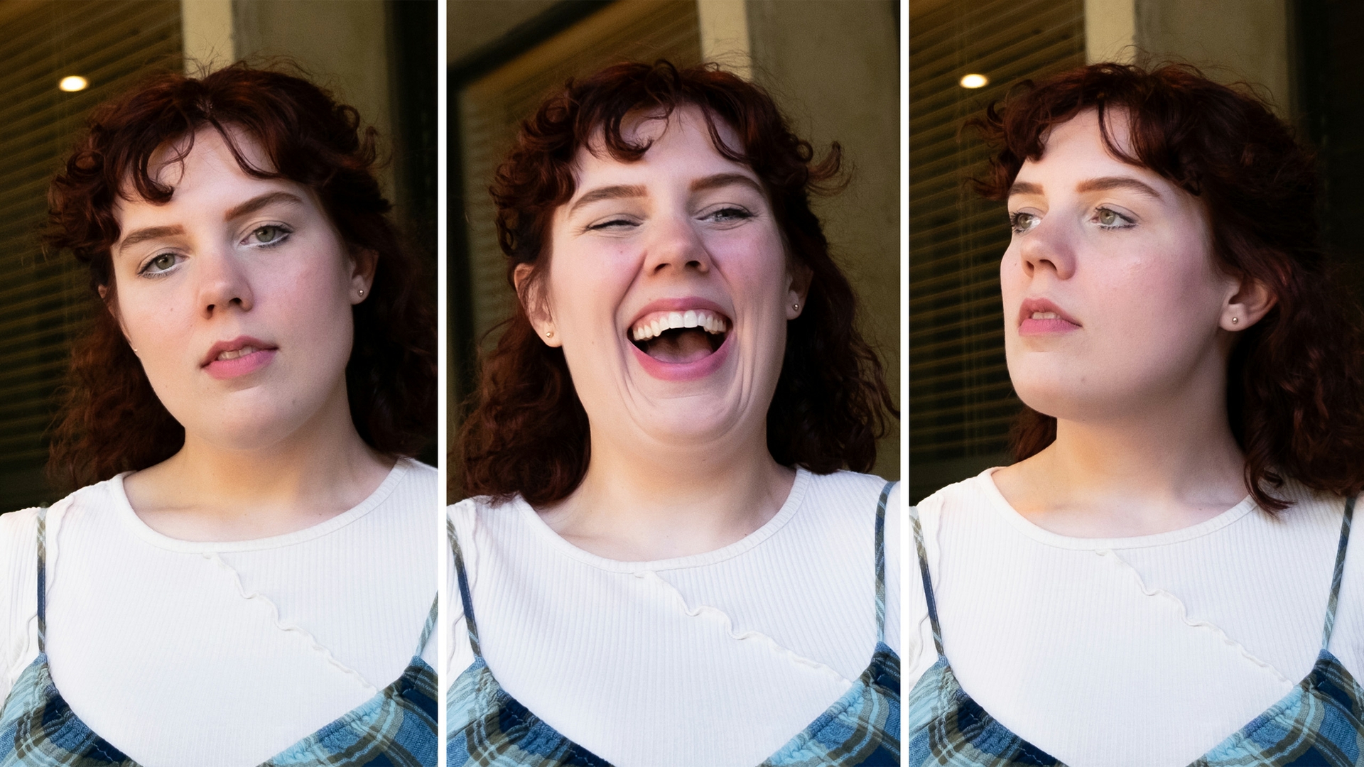 a tryptic of images of the same person with shoulder-length red hair. In one, she's looking into the camera, in one she's laughing and in one, she's looking off into the distance