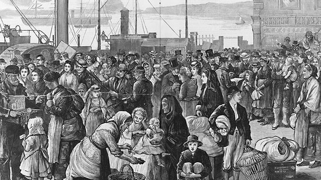A black-and-white illustration of hundreds of Irish immigrants and families with all their belongings