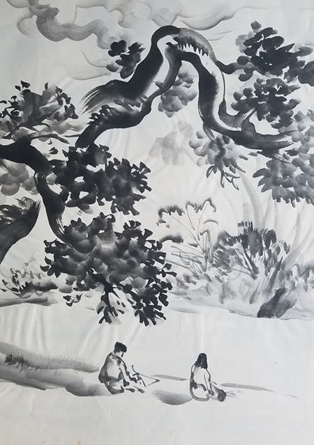 An ink drawing by artist Chiura Obata of students sitting on Faculty Glade, with large tree branches framing the picture. It was done in the 1930s.