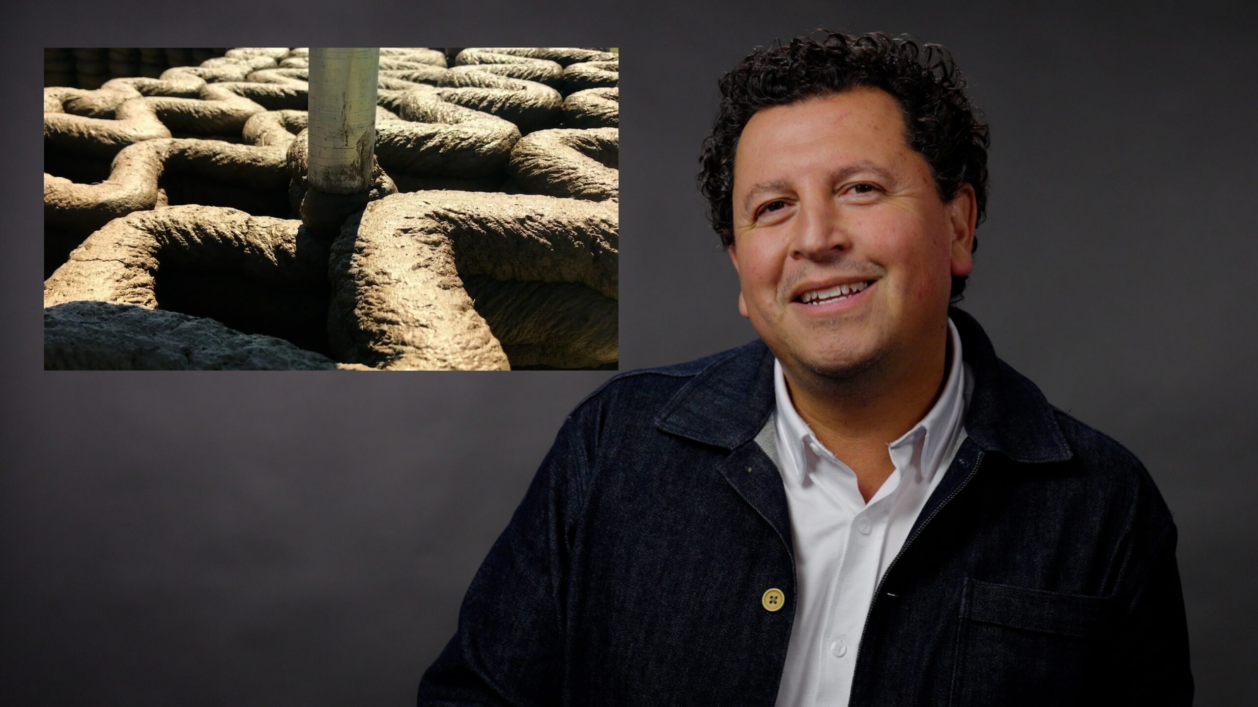 UC Berkeley architect Ronald Rael pictured next to an image that displays an example of earthen architecture.