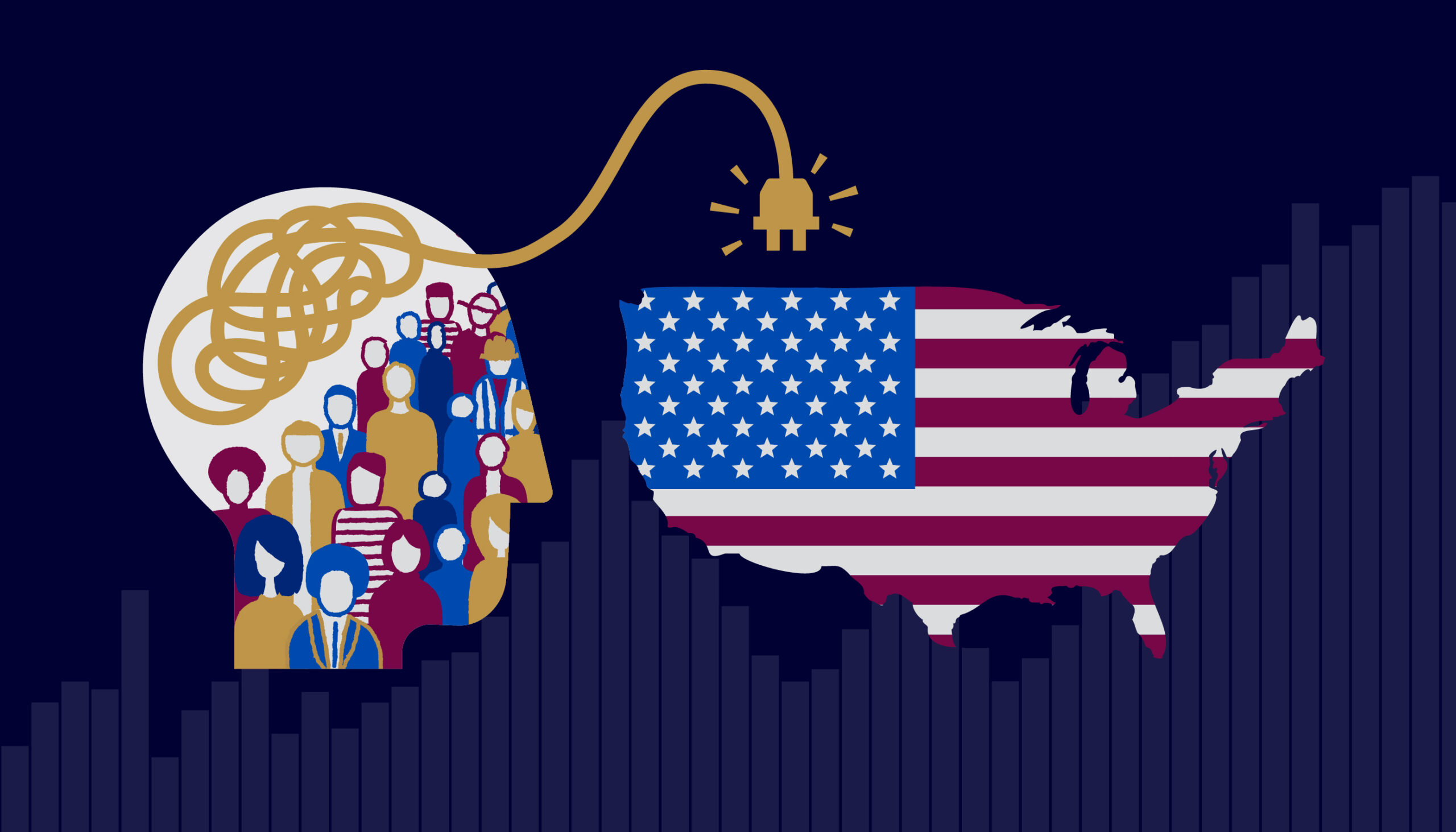 an illustration showing a crowd of people inside a head, with a cord and plug extending from the brain. The cord is unplugged from a US flag superimposed on a map of the nation.