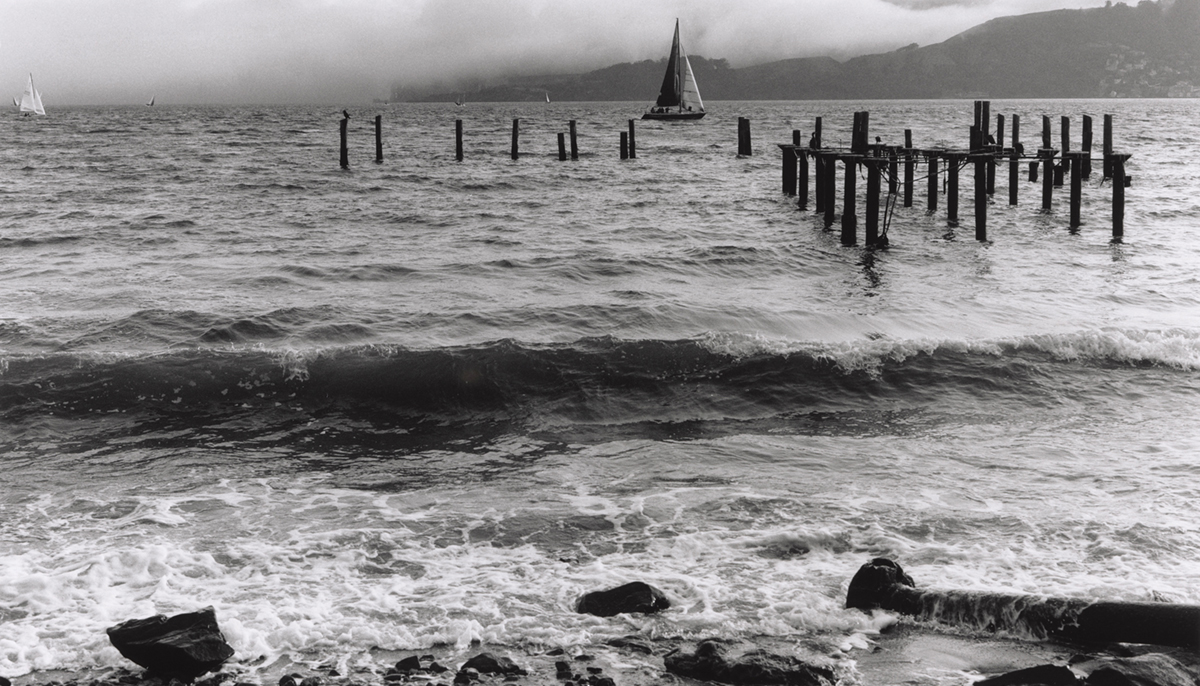 a black-and-white photo of the San Francisco Bay with a sailboat in the distance and rocks on the sandy shore