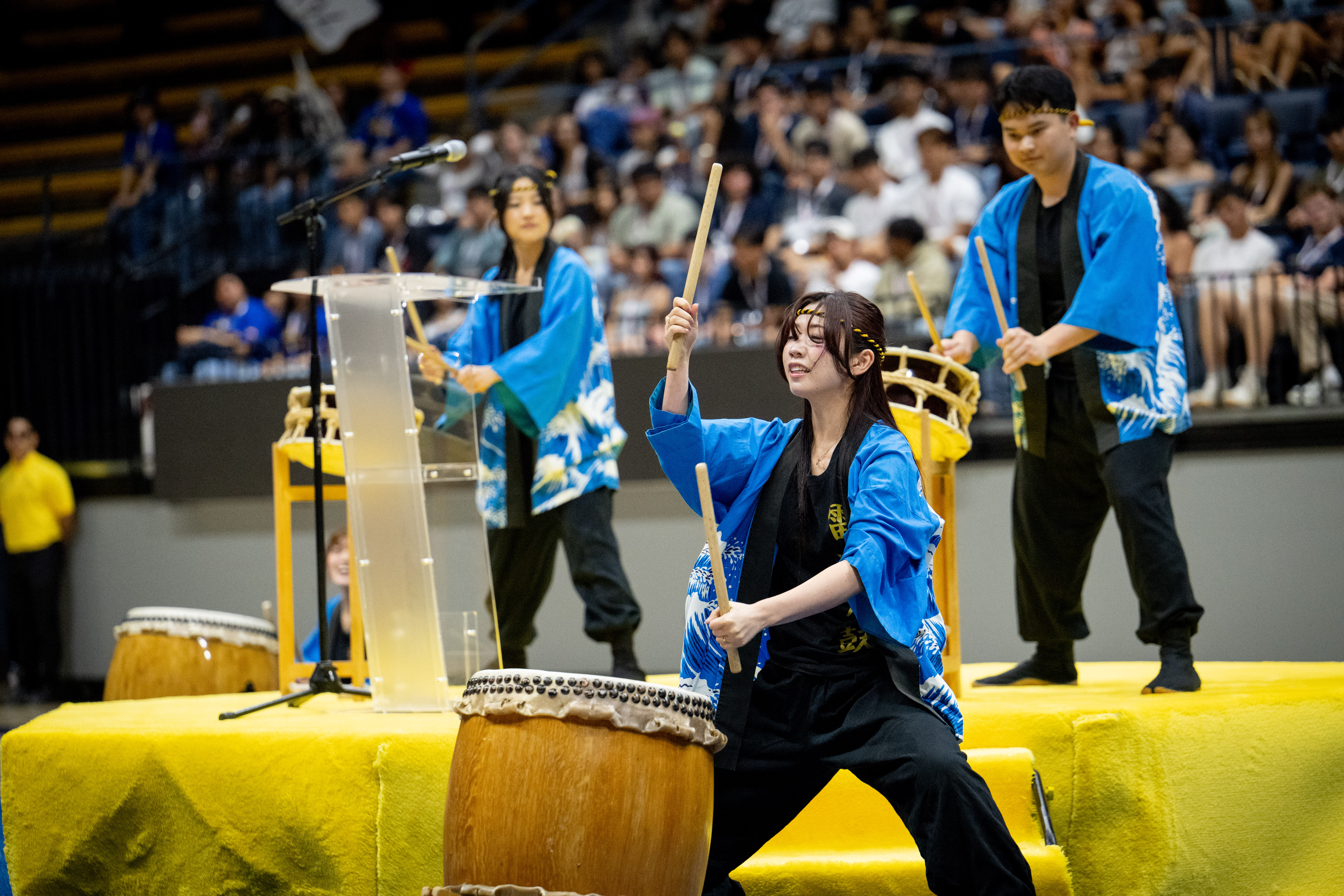 Members of Cal Raijin Taiko, UC Berkeley’s Japanese drumming ensemble, perform during Fall Convocation.