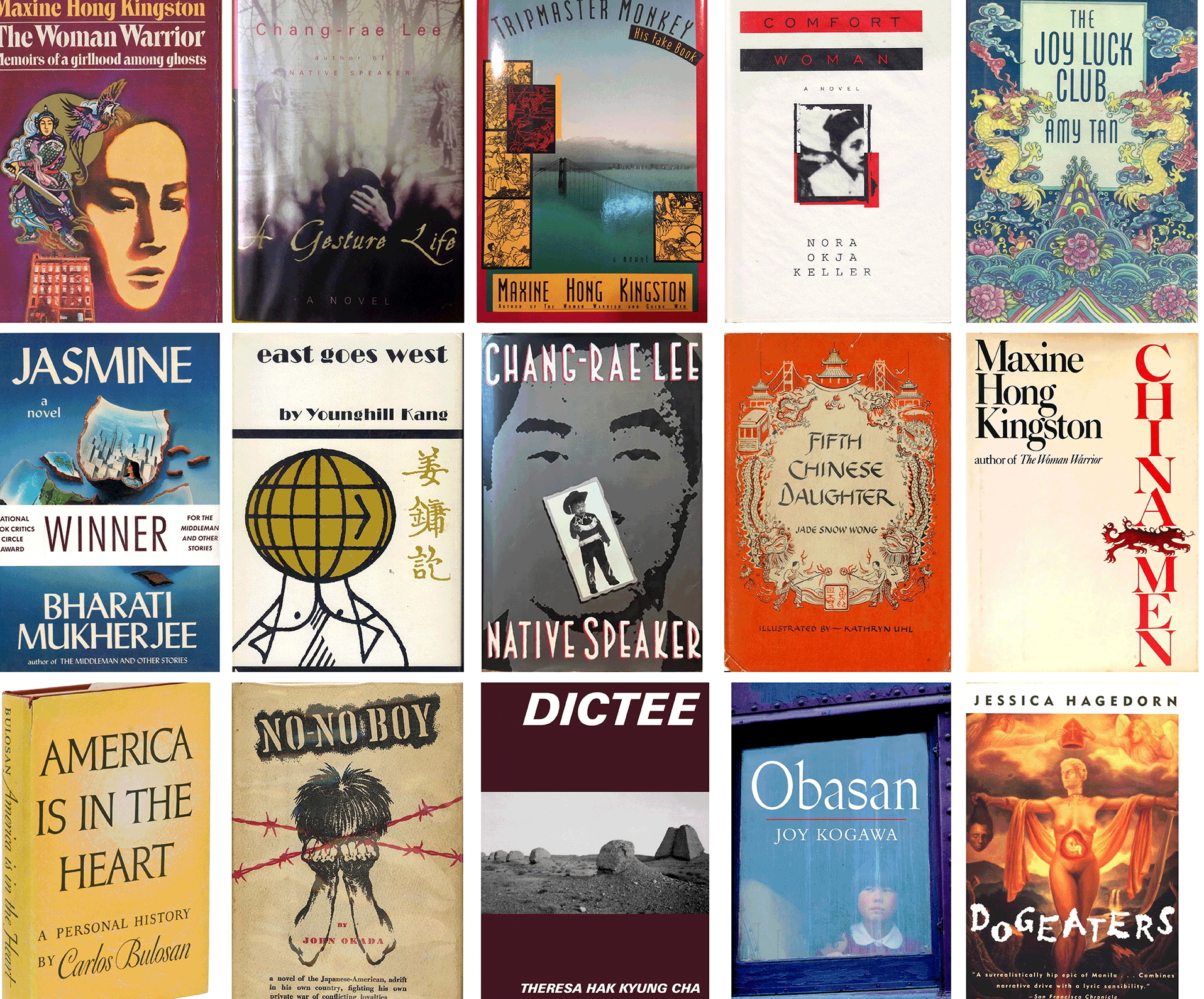 A collage of 15 book covers, including The Woman Warrior by Maxine Hong Kingston (on a burgundy background with a large face), A Gesture Life (black-and-white cover), Tripmaster Monkey by Maxine Hong Kingston (image of a bridge), Comfort Woman (a woman's face), Joy Luck Club by Amy Tan (dragons in a style associate with Asian scroll art), Jasmine by Bharati Mukherjee (on a blue background), east goes west (a globe on top of a cubist body, accompanies by Chinese characters), Native Speaker by Chang-Rae Lee (a back-and-white image of an Asian man's face with a childhood photo superimposed), Fifth Chinese Daughter (a fairytale draying on top of a red background), China Men by Maxine Hong Kingston (red text and a dragon), America is in the Heart, No-No Boy (a body, fists covering his face, behind two strands of crossed red barbed wire, Dictee (a black-and-white landscape image), Obasan by Joy Kogawa (an Asian girl with a bowl cut looking through the window), and Dogeaters by Jessica Hagedorn (a romaneqseque sculpture of a woman)