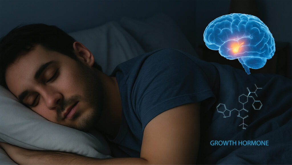 man sleeping in darkened room, with superimposed image of brain and molecular structure of growth hormone