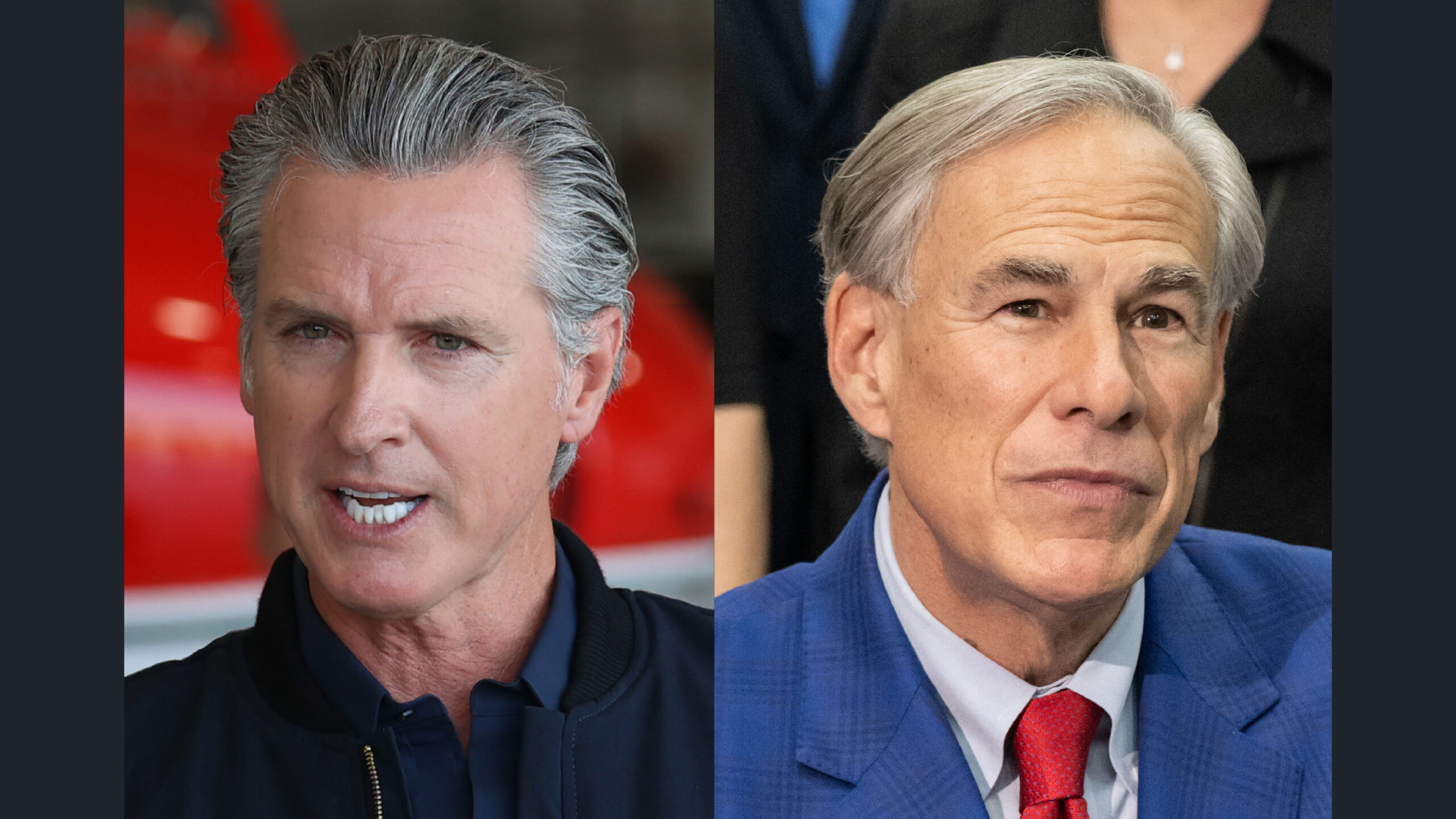 Side-by-side headshots of California Gov. Gavin Newsom, left, and Texas Gov. Greg Abbott.