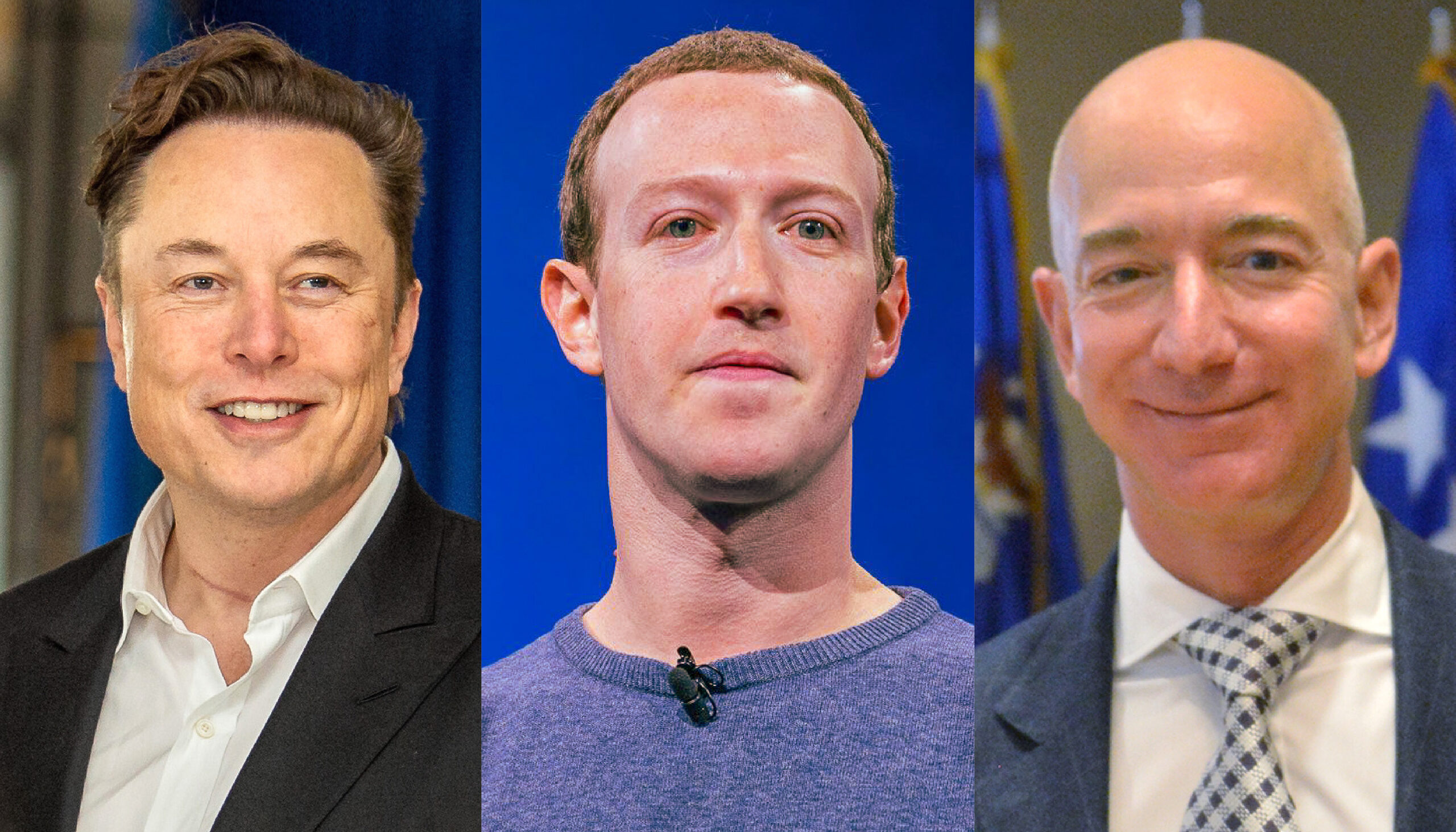 headshots of Elon Musk, Mark Zuckeerberg and Jeff Bezos