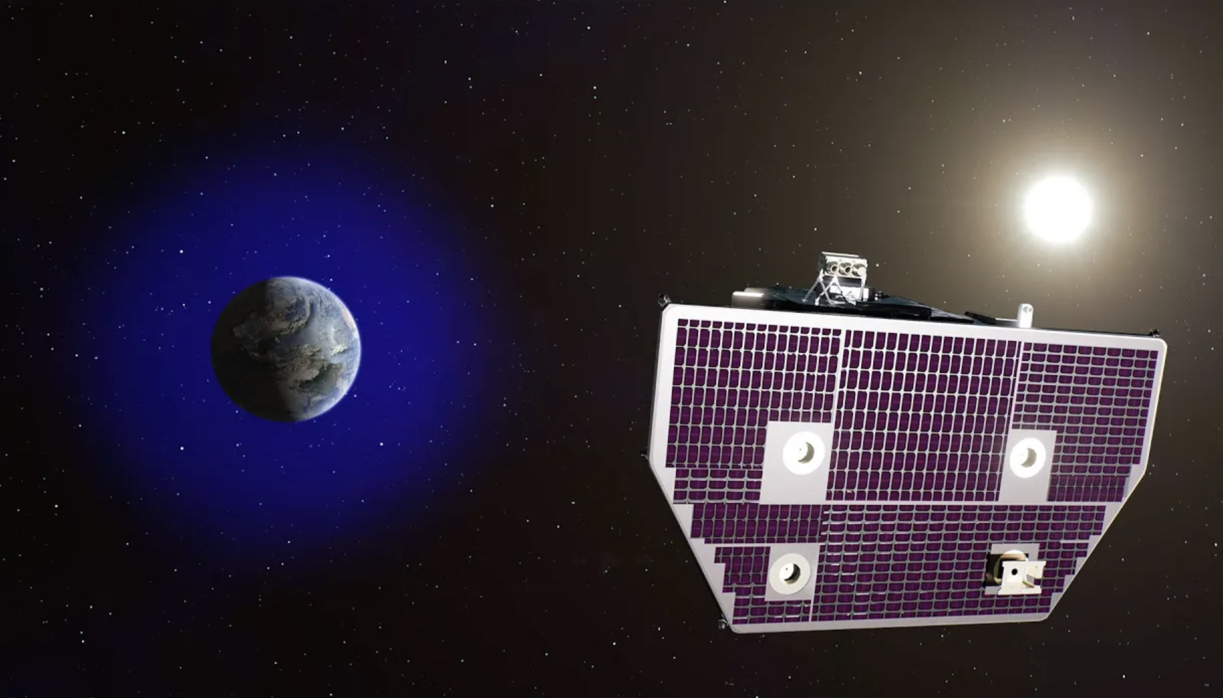 closeup of a satellite with the Earth and sun in the background